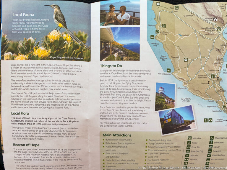 Visitor information panel with Cape of Good Hope map, fynbos photographs, route guidance, and natural-history text.