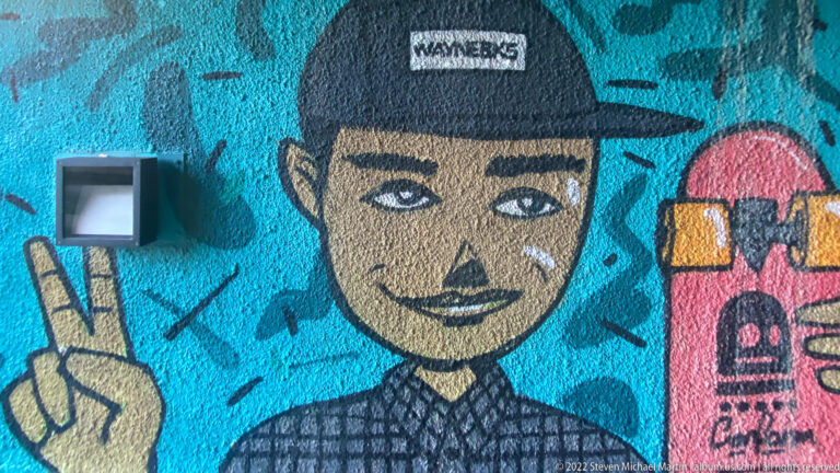 Turquoise wall mural of a smiling person in a dark cap making a peace sign beside a pink skateboard.