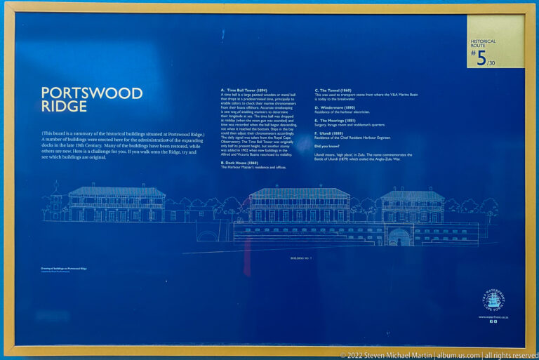 Blue Portswood Ridge heritage panel with historical text, architectural drawings, and a Historical Walk marker.