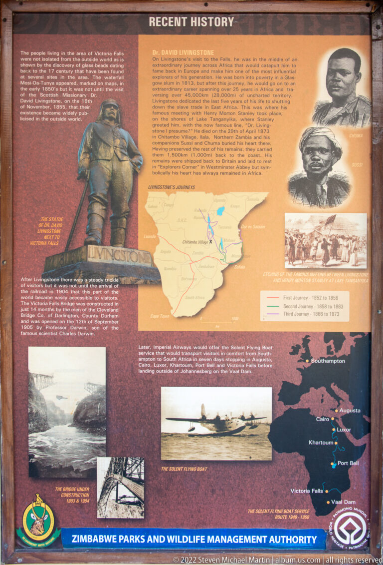 Recent History panel with David Livingstone imagery, portraits, a regional map, historic photographs, and views of Victoria Falls.