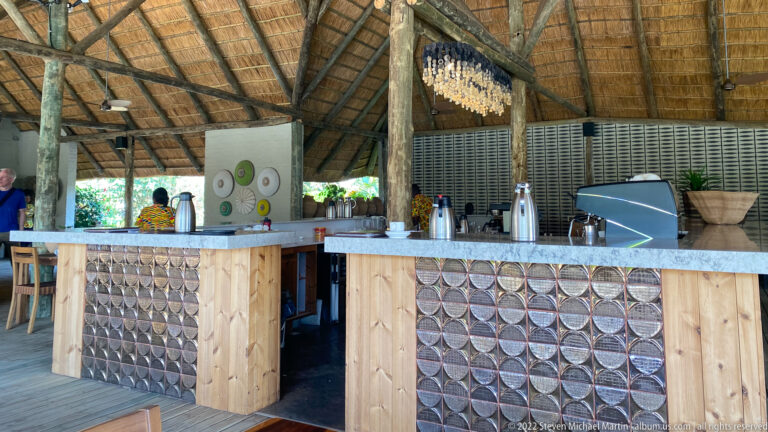 Open-air lodge bar beneath thatch with pale timber counters, circular front panels, exposed posts, and hanging decoration.