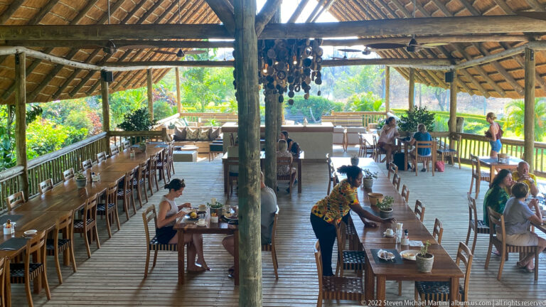 Open-sided thatched dining pavilion with long wooden tables, seated guests, staff, timber posts, and garden views.