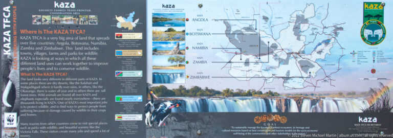 KAZA conservation panel with a five-country regional map, wildlife photographs, explanatory text, and Victoria Falls along the bottom.