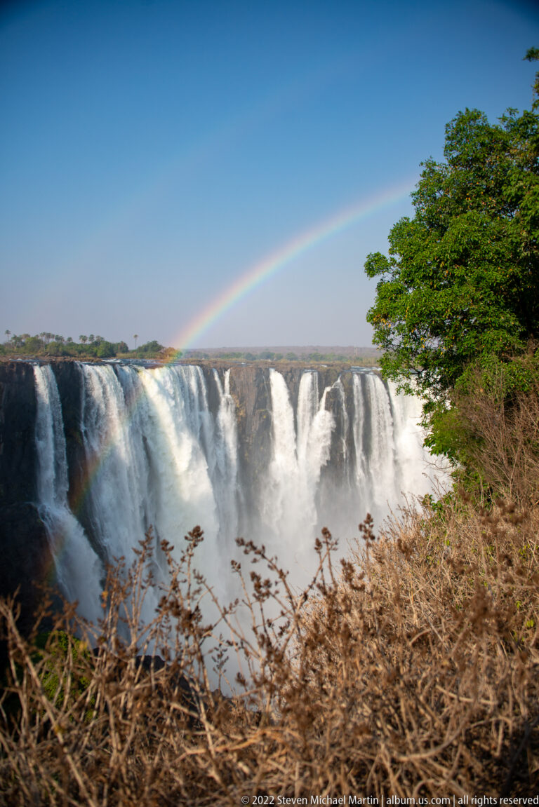 Wide rainbow arching over a broad curtain of Victoria Falls, with dry brush in front and green trees at right.