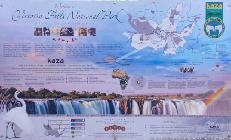 KAZA Transfrontier Conservation Area panel with regional map, wildlife images, text, and a photograph of Victoria Falls.