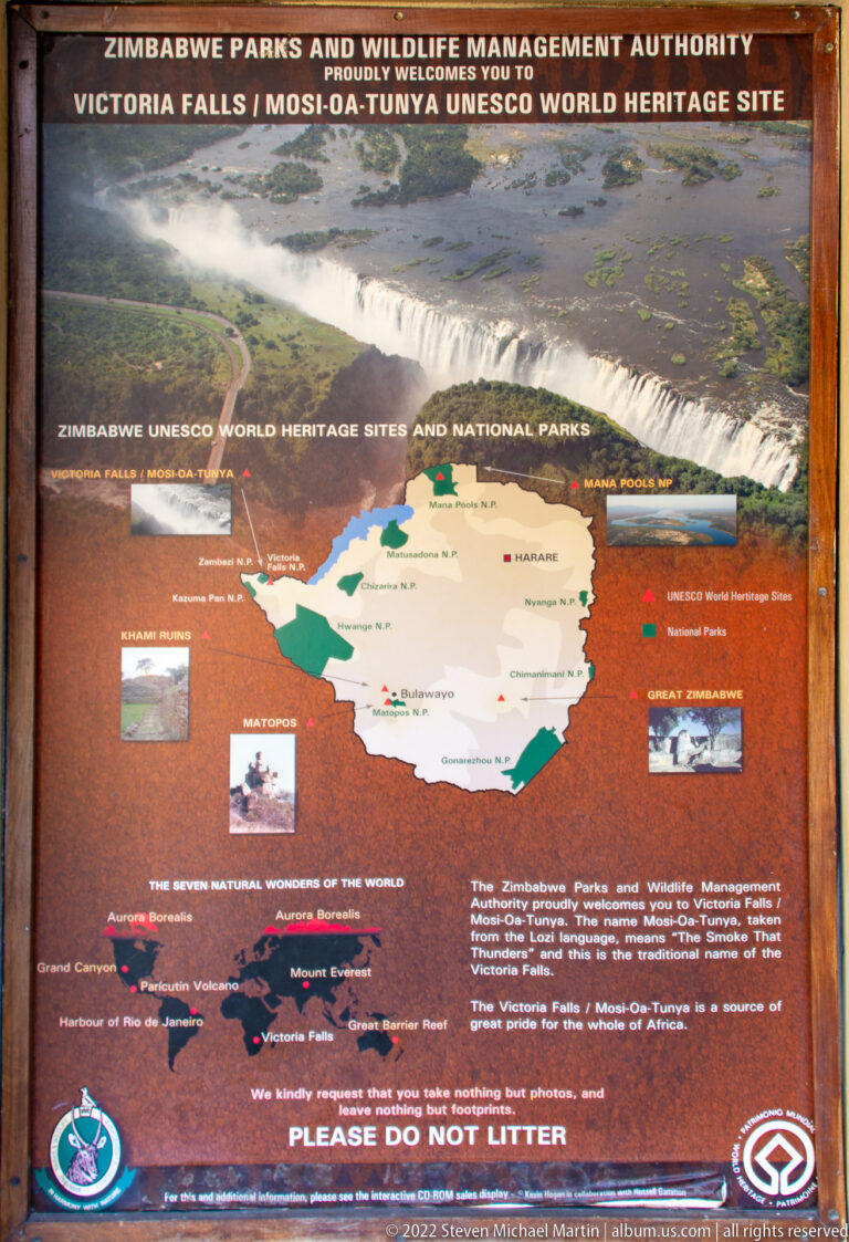 Interpretive panel with aerial view of Victoria Falls, a Zimbabwe map, heritage-site information, and park authority branding.