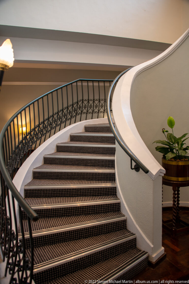 Close view of broad carpeted stairs curving upward beside a white wall and black iron railing.