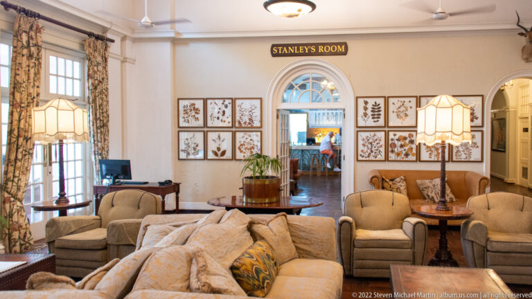 Stanley's Room lounge with cream sofas, armchairs, lamps, botanical prints, patterned curtains, and a central arched doorway.