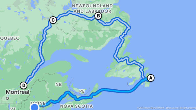 Map of Atlantic Canada with a blue driving route linking the Maritimes, Québec, Labrador, and Newfoundland.
