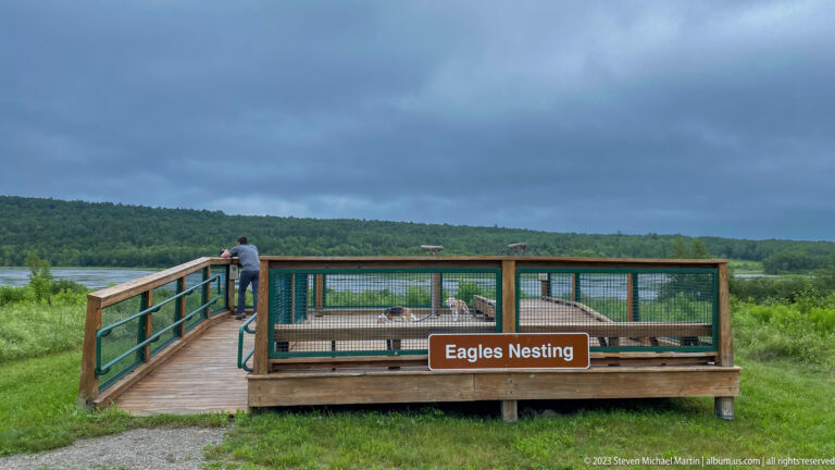 Wooden walkway leading to an Eagles Nesting observation deck with a visitor and wetland beyond.