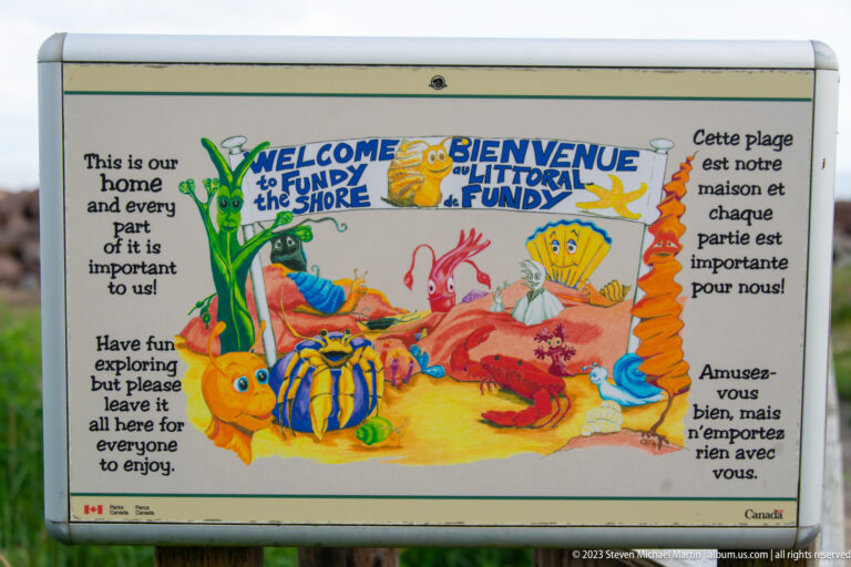 Colorful bilingual Fundy shore welcome sign illustrated with lobsters, crabs, shells, seaweed, and other marine life.