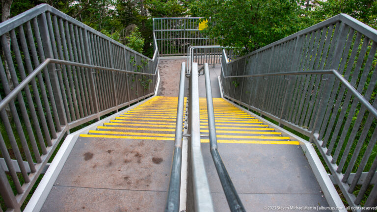 Steep Hopewell Rocks staircase with metal railings, central handrail, and yellow-edged steps descending through trees.