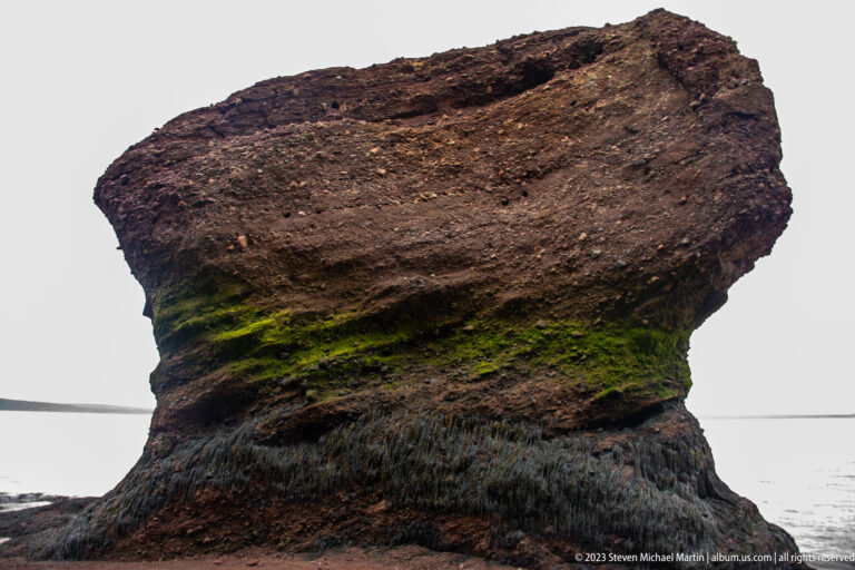 Broad reddish Hopewell flowerpot rock on a narrow dark base with green algae bands at low tide.