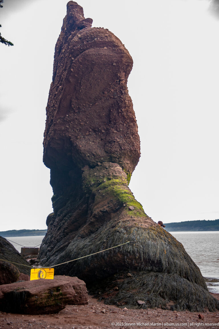 Hourglass-shaped Hopewell flowerpot rock with green algae band and dark lower base behind a barrier rope.