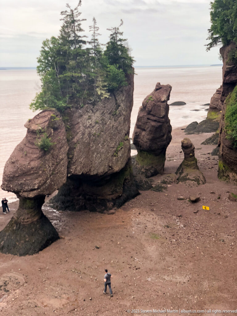 Elevated view of several Hopewell flowerpot rocks on exposed tidal flats, with one visitor below.