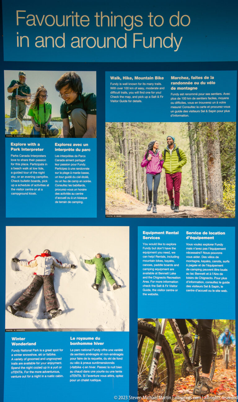 Blue bilingual recreation panel with photographs of walking, winter activities, and cycling around Fundy.