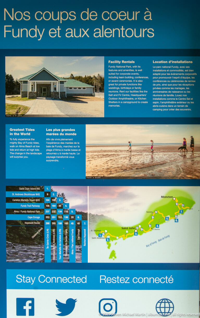 Blue bilingual Fundy information panel with building and beach photos, tide graphics, map, and Stay connected section.