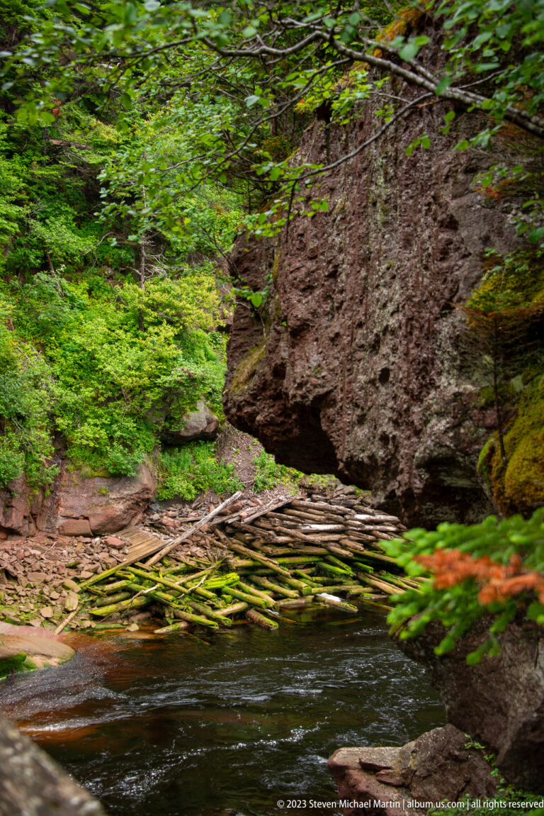 Dark Point Wolfe River beside a reddish rock wall and a large accumulation of fallen logs in dense forest.