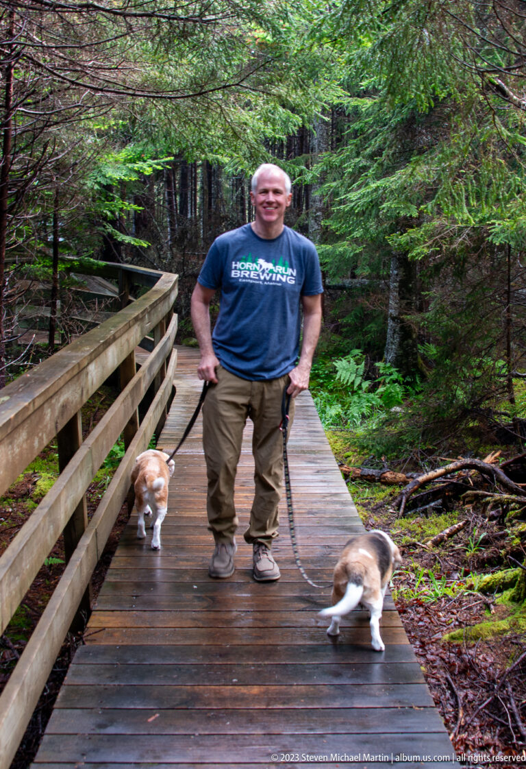 Smiling visitor standing with two leashed small dogs on a wooden boardwalk in dense forest.
