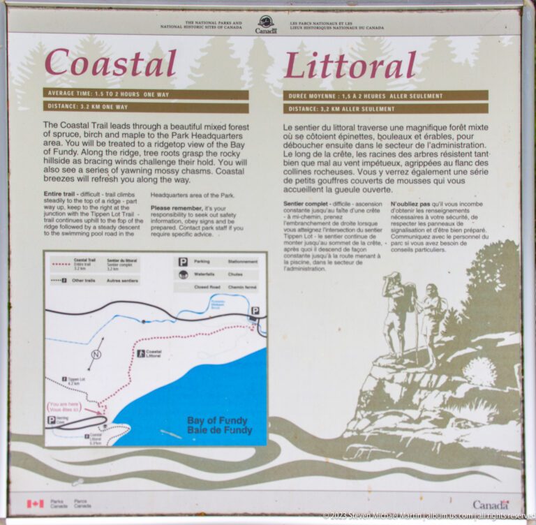 Bilingual Coastal Trail information panel with route map and Bay of Fundy graphic.