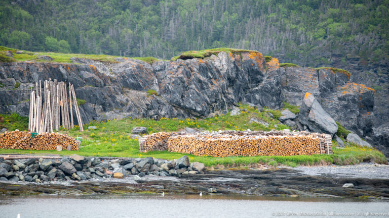 Stacks of split firewood and upright poles at the base of a dark rocky coastal outcrop.