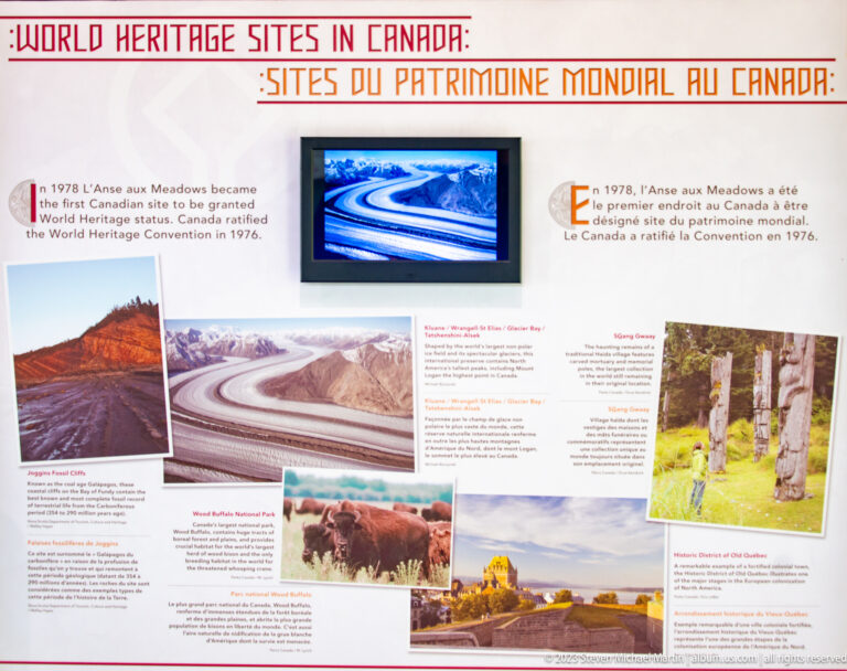 Bilingual exhibit panel titled about World Heritage sites in Canada, with photographs and explanatory text.