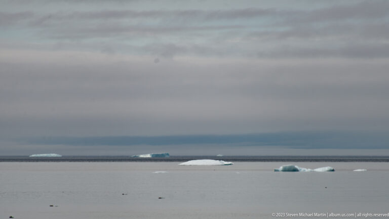 Several small blue-white icebergs and ice fragments scattered across calm gray water under low cloud.