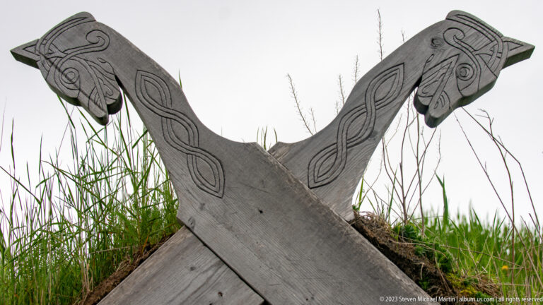 Two crossed wooden gable boards ending in carved animal heads with interlace decoration above tall grass.