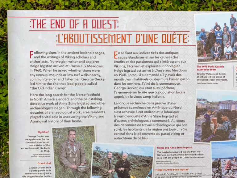 Bilingual interpretive panel titled The Making of a Quest with historic photographs and text about the site's archaeological discovery.
