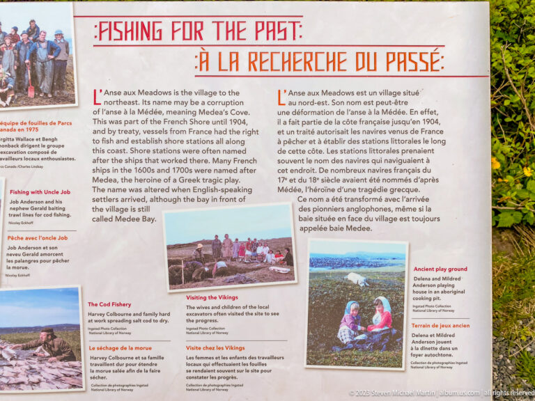 Bilingual Fishing for the Past interpretive panel with historic photographs about local fishing, settlement, and archaeological history.