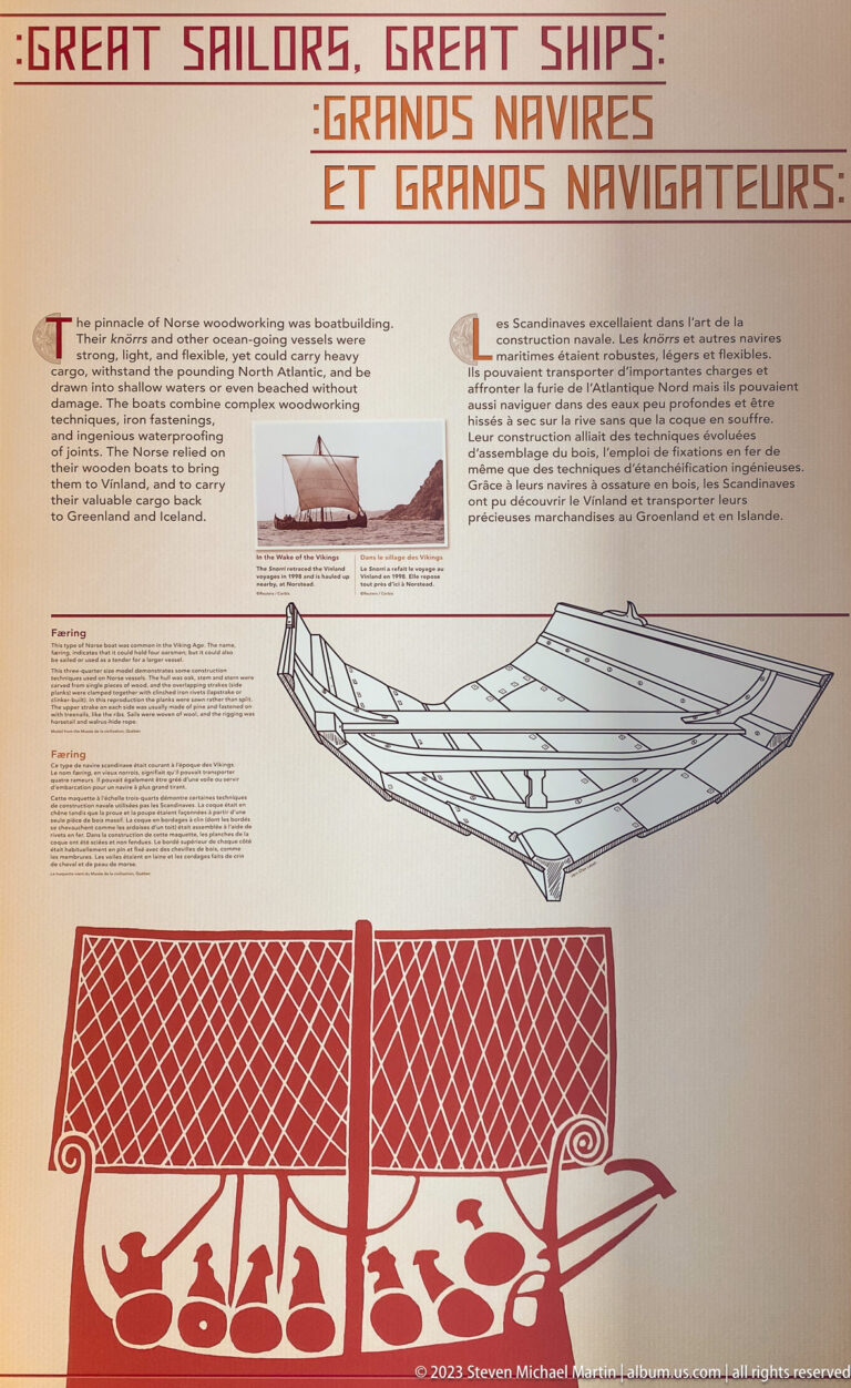 Bilingual Great Ships, Great Navigators panel with technical ship drawing and large red square-sailed vessel graphic.