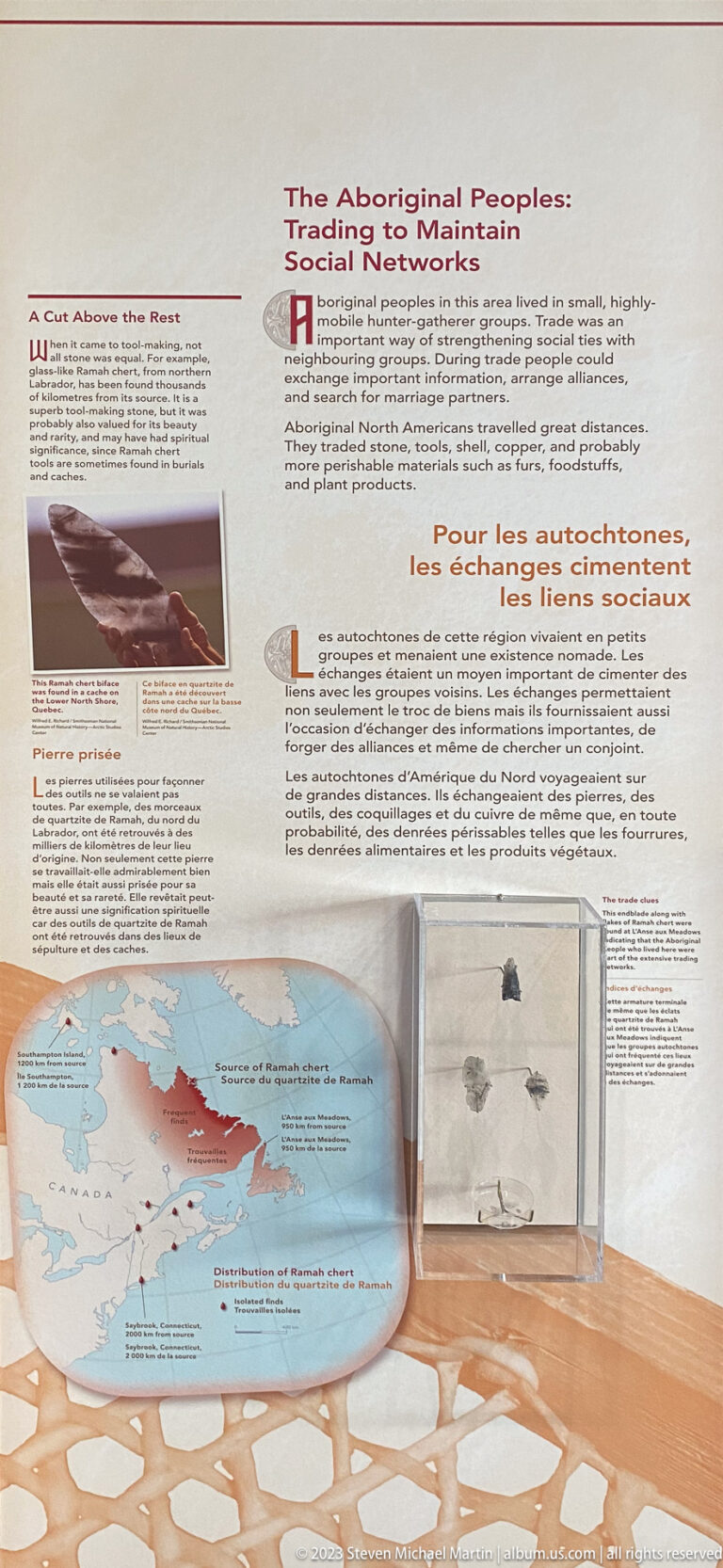 Large bilingual exhibit about Indigenous social networks with text, photographs, regional map, and a small artifact display case.