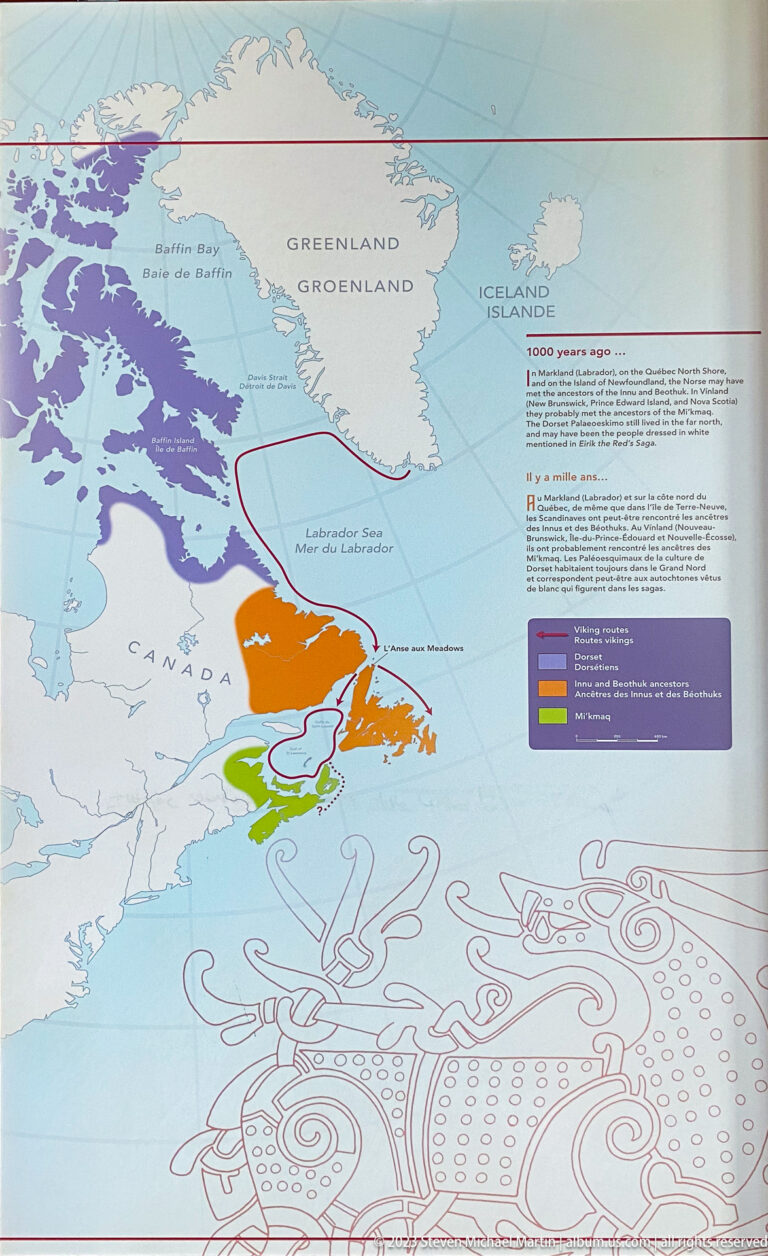 Large map of Greenland, Iceland, and northeastern Canada with red Norse voyage routes and colored regions around Newfoundland and the Gulf of St. Lawrence.