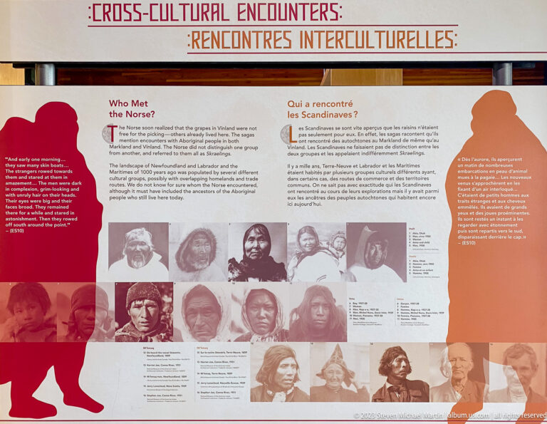 Bilingual Who Met the Norse exhibit with rows of historic portraits framed by large red and orange silhouette figures.