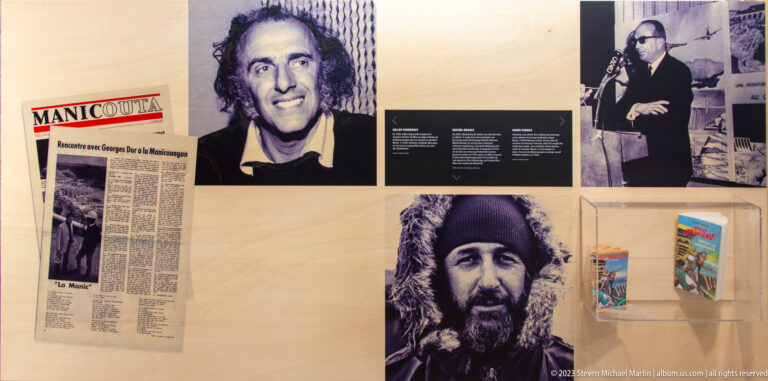 Interpretive wall with portraits, newspaper clippings, and cultural memorabilia connected with Manic-5.