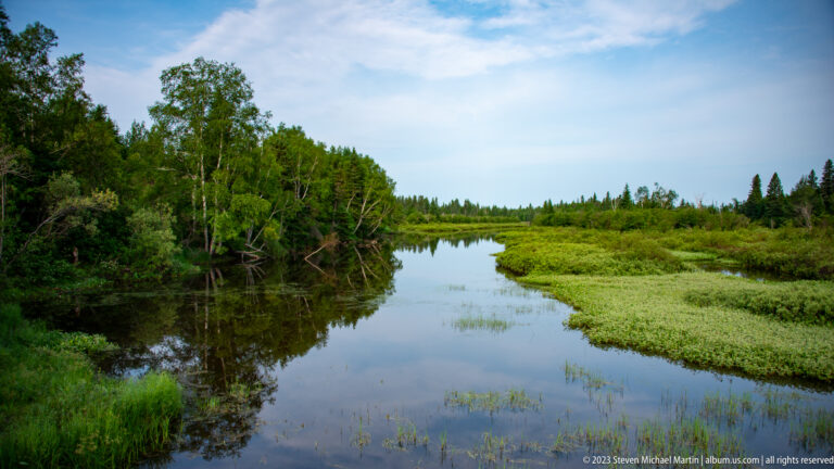 Calm wetland channel bordered by forest and low green marsh vegetation beneath a partly blue sky.