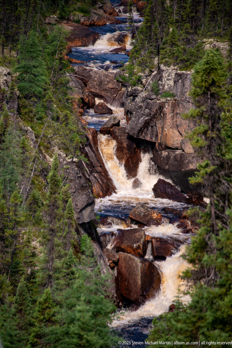 Whitewater stream cascading over broad dark bedrock ledges between dense conifer trees.