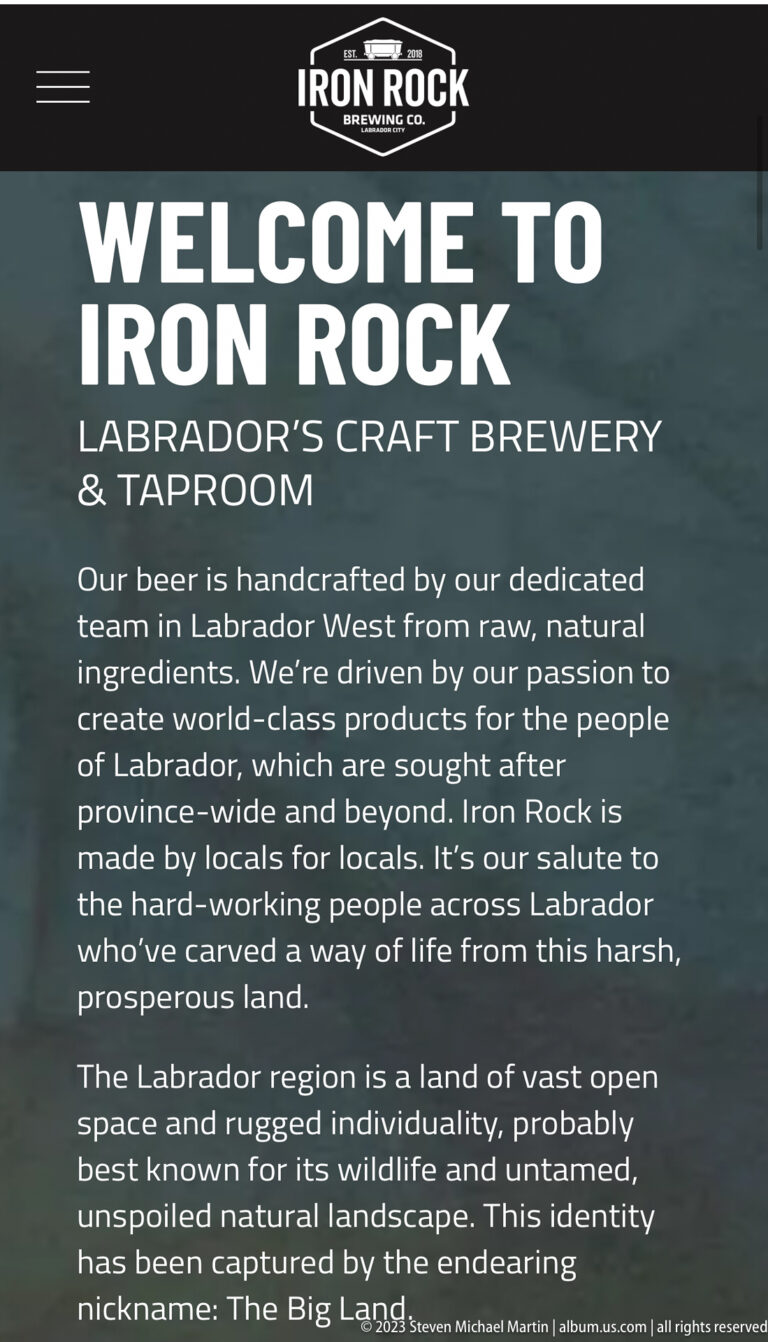 Iron Rock Brewing Company welcome panel describing Labrador craft beer, local ingredients, and regional identity.