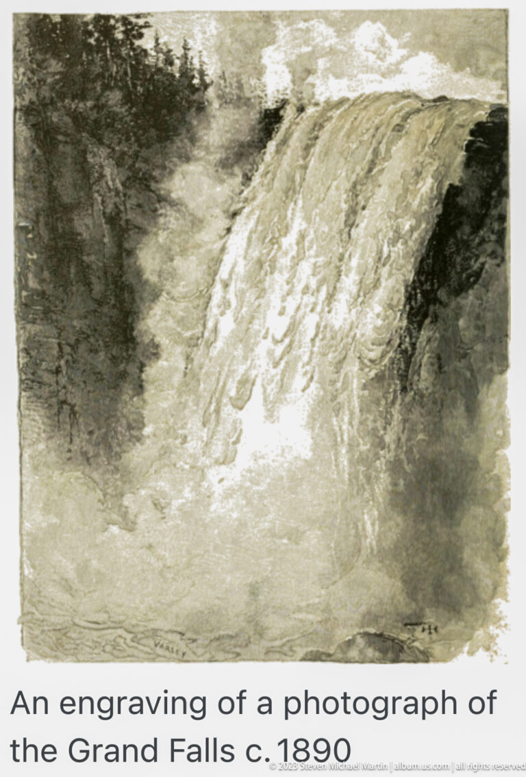 Historic monochrome waterfall illustration with text identifying it as an engraving of Grand Falls around 1890.