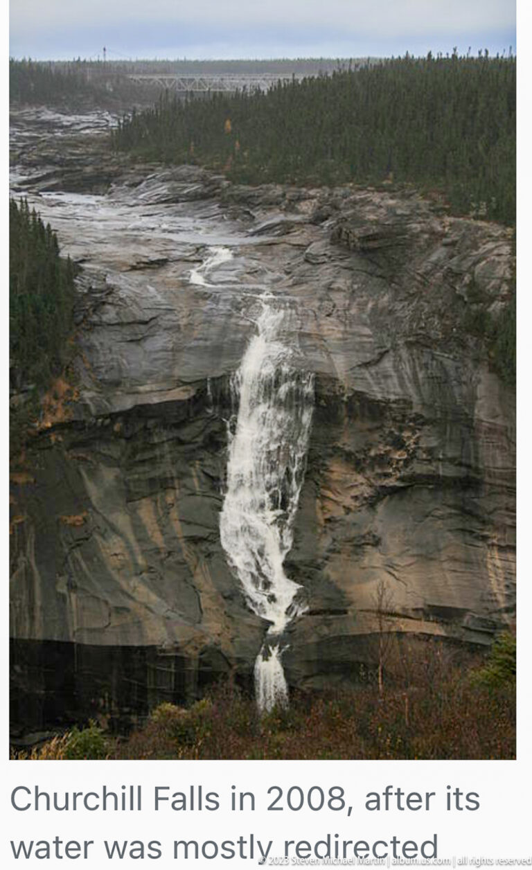 Interpretive panel showing a narrow Churchill Falls cascade and text noting that its water was mostly redirected by 2008.