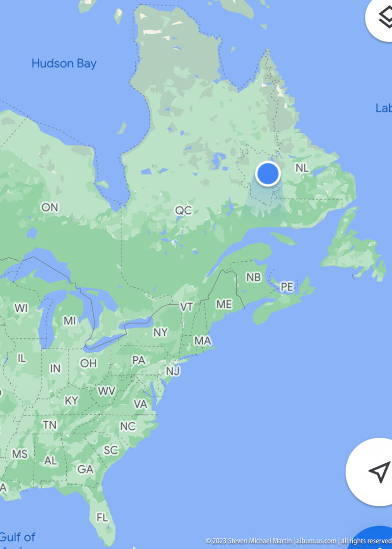 Digital map of eastern Canada with a blue location marker in Labrador and provincial abbreviations visible.