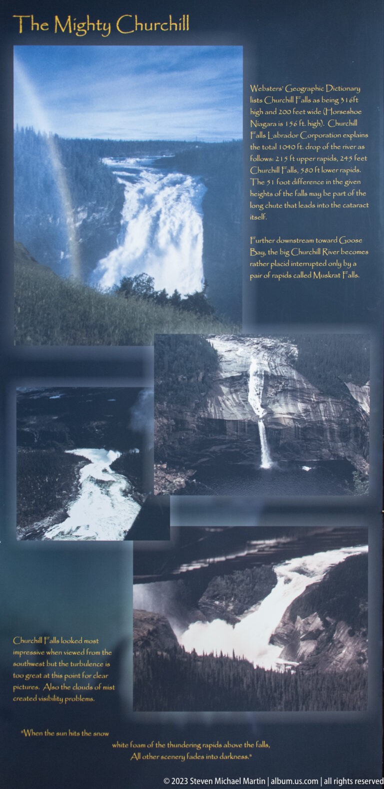 Interpretive panel with several historical and modern views of Churchill Falls and explanatory text.
