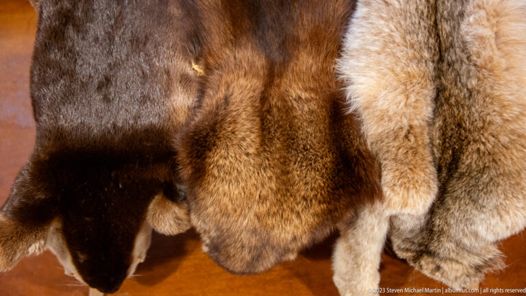 Three thick animal pelts in dark brown, tawny brown, and pale gray displayed beside one another.