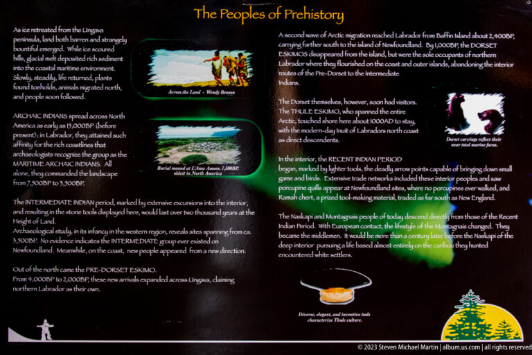 Interpretive panel titled “The Peoples of Prehistory” with maps, artifact illustrations, and text on early Labrador cultures.