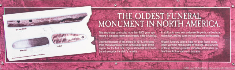 Red panel titled 'The Oldest Funeral Monument in North America' with photographs of archaeological artifacts.