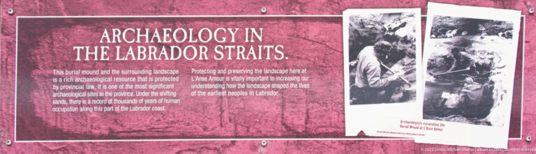 Red panel titled 'Archaeology in the Labrador Straits' with historic photographs of archaeological fieldwork.