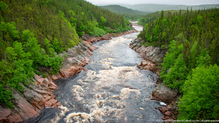 Foaming whitewater rapids rushing through a narrow reddish rock gorge bordered by dense green forest.