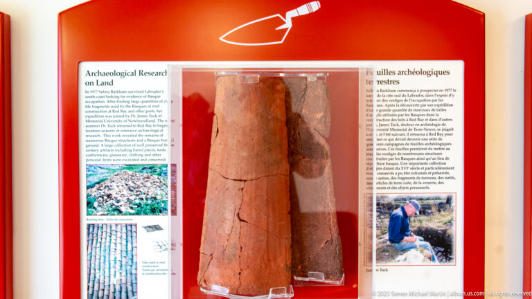 Large elongated wooden archaeological artifact displayed between bilingual panels about archaeological research at Red Bay.