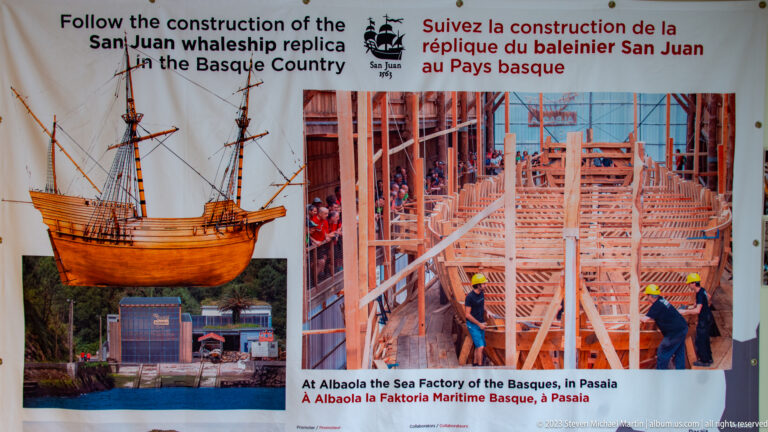 Display about construction of the San Juan Basque whaling-ship replica, with ship illustration and timber-frame construction photograph.