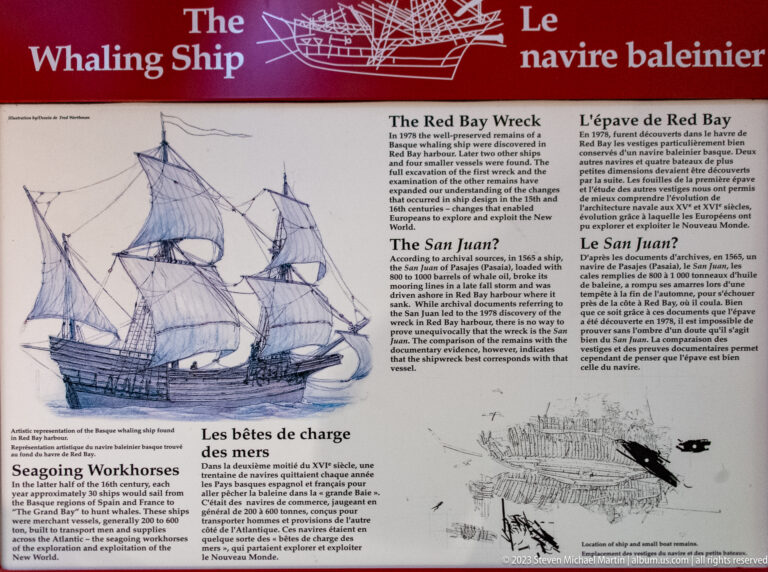 Bilingual panel titled 'The Red Bay Wreck' with a sailing-ship drawing and archaeological wreck plan.